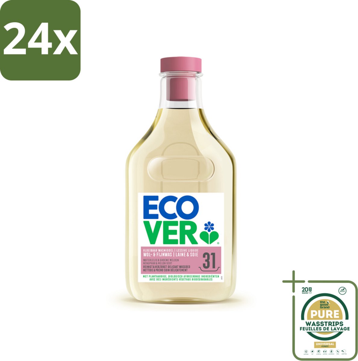 Ecover Vloeibaar Wasmiddel Wol & Fijn Was - Waterlelie & Groene Meloen 31 Wasbeurten 1,43 liter - Voordeelverpakking - 24 stuks - Delicate Stoffen Was - Plantbased Wasmiddel