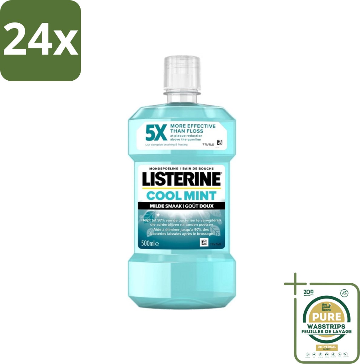 Listerine - Mondwater - Cool Mint - Milde Smaak - 500 ml - Voordeelverpakking - 24 stuks - Tandplak - Tandvlees