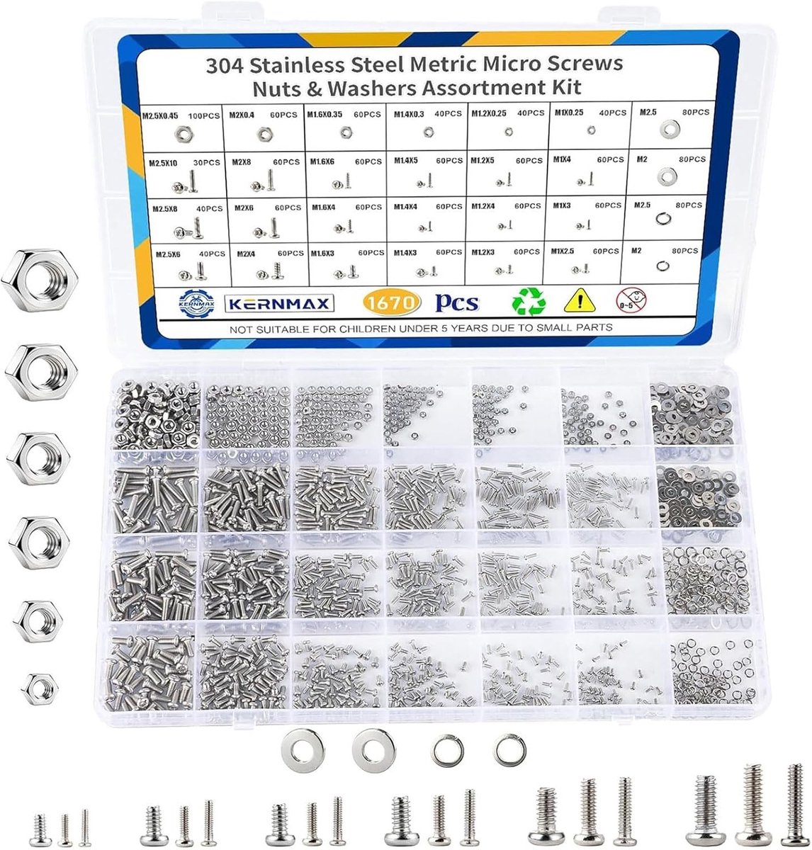 Complete Set van 1670 RVS Micro Schroeven en Moeren M1 tot M2.5 voor Elektronica en RC Modellen