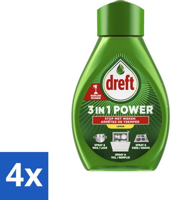 Verpakking van 4x Dreft 3-in-1 Power citroen navulfles, 500 ml afwasmiddel.