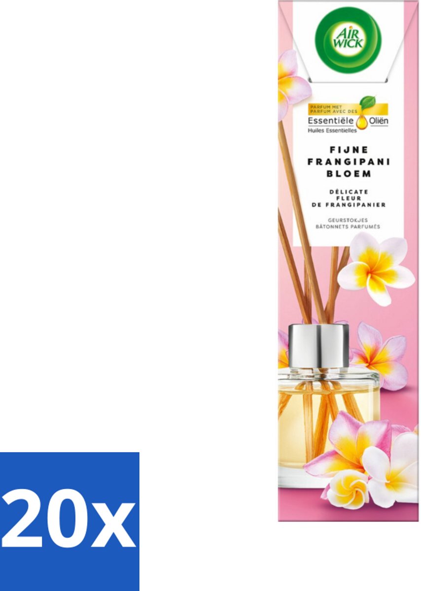 20 x Air Wick - Geurstokjes - Delicate Frangipani Bloemen - Essentiële Oliën - 40 ml - Frangipani Geur - Geurstokjes - Luchtverfrisser - Essentiële Oliën - Tropische Geur