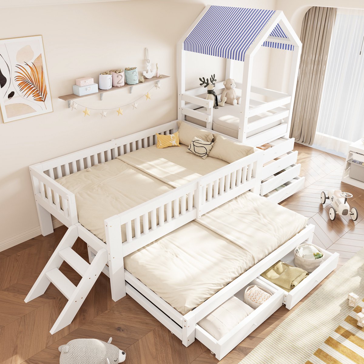 Stapelbed 90x190 cm - Met Opbergruimte - Met Lades - Uitschuifbaar - Wit