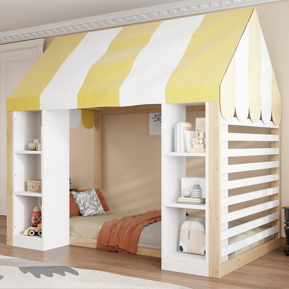 Hemelbed 90x200 cm - Met Opbergruimte - Met Hoofdeinde - Wit Naturel