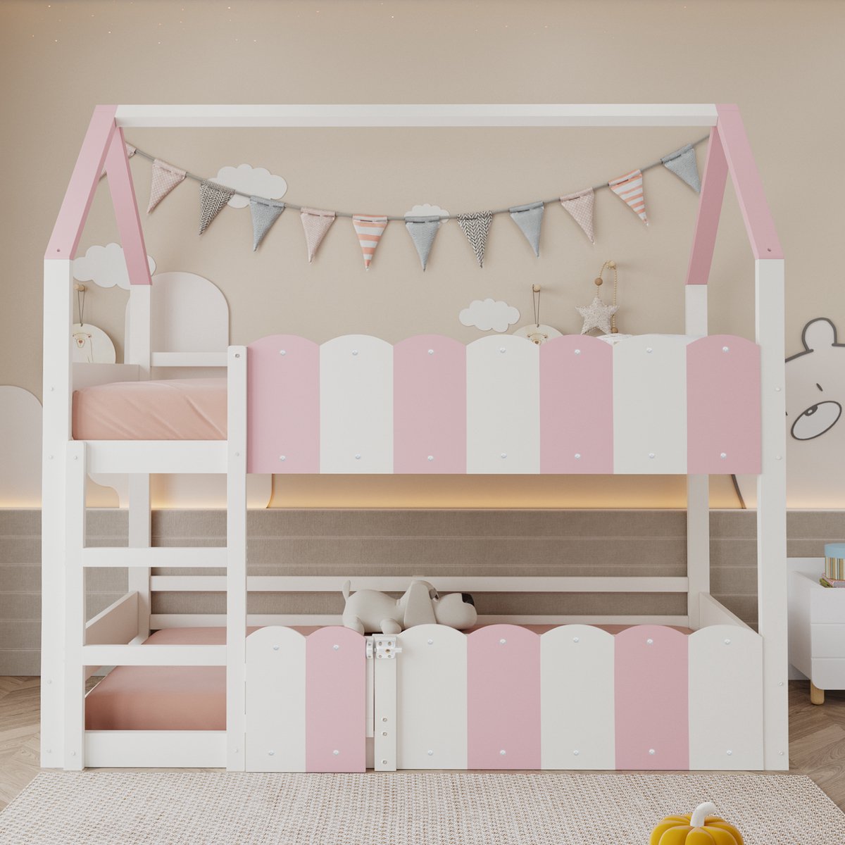 Stapelbed 90x200 cm - Met Valbeveiliging - Roze Wit