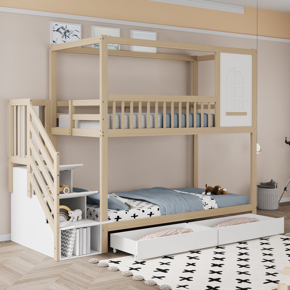 Stapelbed 90x200 cm - Met Ladder - Huisvorm - Met Opbergruimte - Naturel Hout