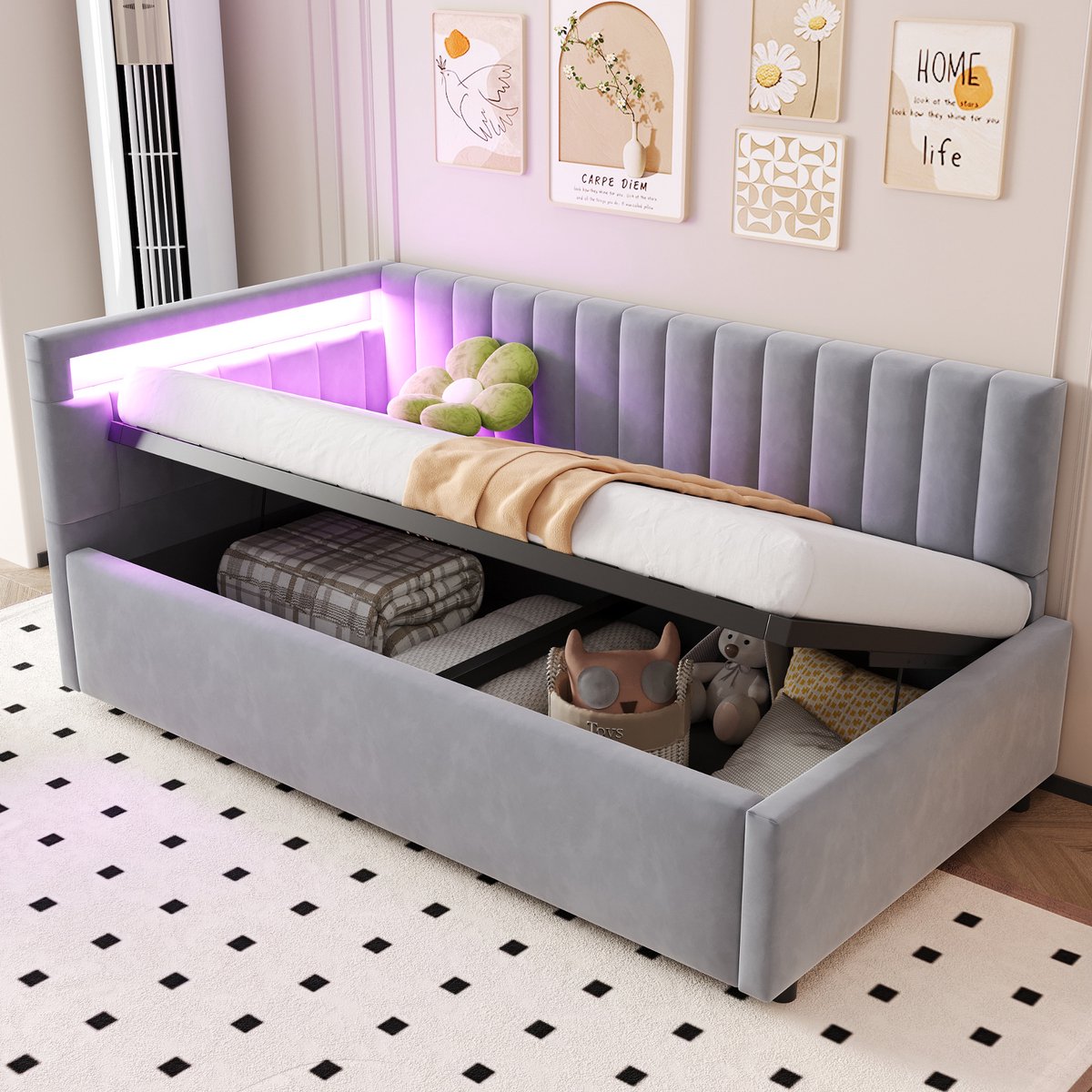 Slaapbank 90x200 cm - Met Opbergruimte - Met LED-verlichting - Met Hoofdeinde - Met Fluweel - Grijs