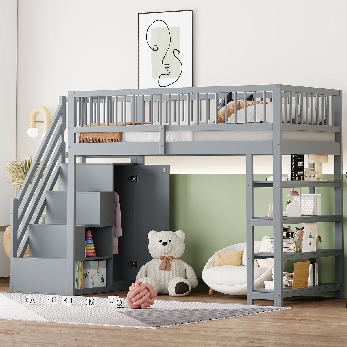 Houten Hoogslaper 90x200 cm - Met Ladder - Met Opbergruimte - Met Kledingkast - Grijs