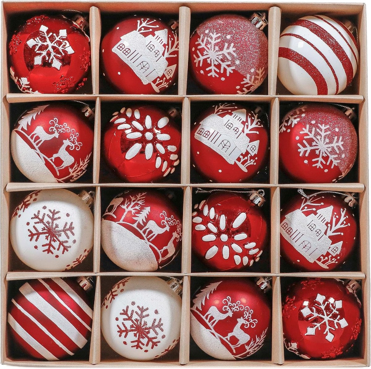 16 Stuks Kerstballen van 6 cm in Rood en Wit - Plastic Decoratie met Ophanghaken voor de Kerstboom, Traditioneel Thema, Feestelijke Versiering