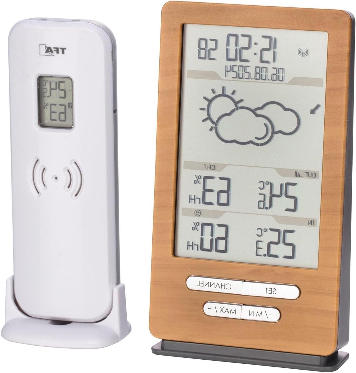 Draadloos Weerstatiestation - Buiten Sensor - Weersvoorspelling Binnen - Radiogestuurde Klok - 100m Bereik - Hout-achtig Zilver
