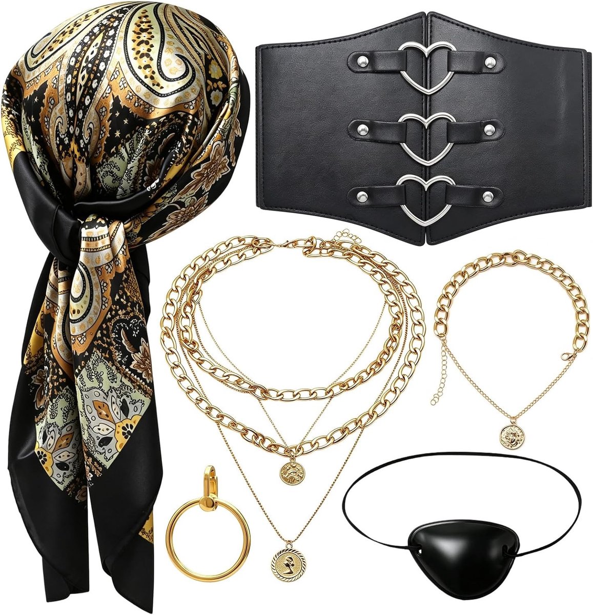 Dames piratenkostuum met accessoireset, piratenbruid outfit, hartkorsetriem en bandana voor Halloween, carnaval en themafeesten, 6-delige set (zwart)
