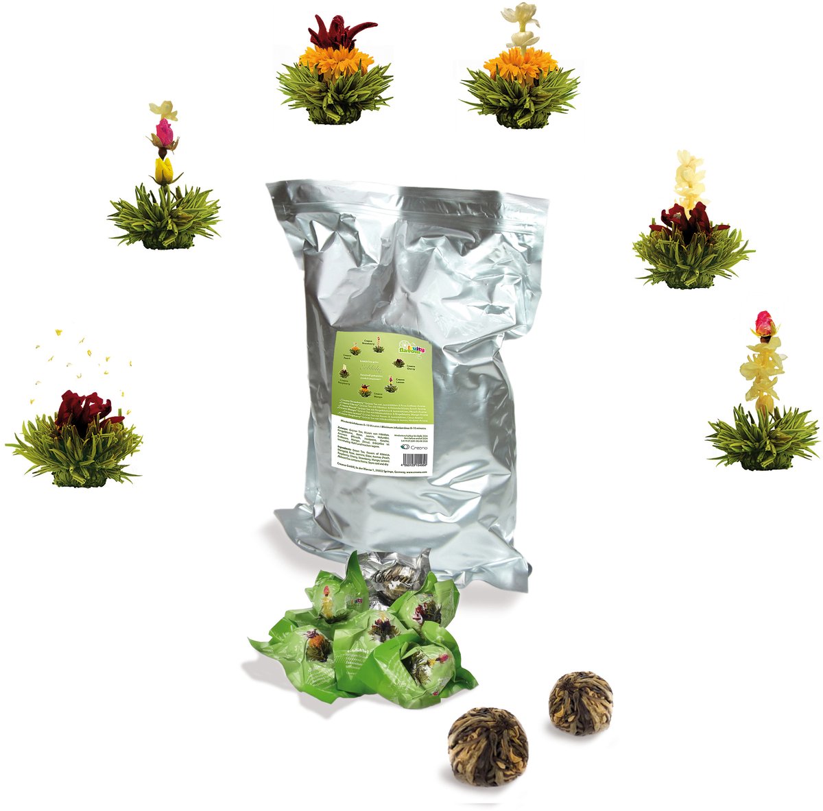 Creano theebloemen 36 theebollen groene thee grootverpakking, bloementhee in bulkverpakking, theerozen, blooming tea, flowering tea