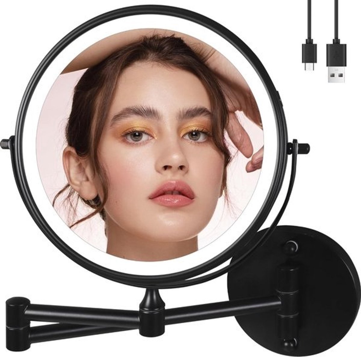 Verlichte vergrotende spiegel 1X/10X met telescopische arm voor make-up en scheren