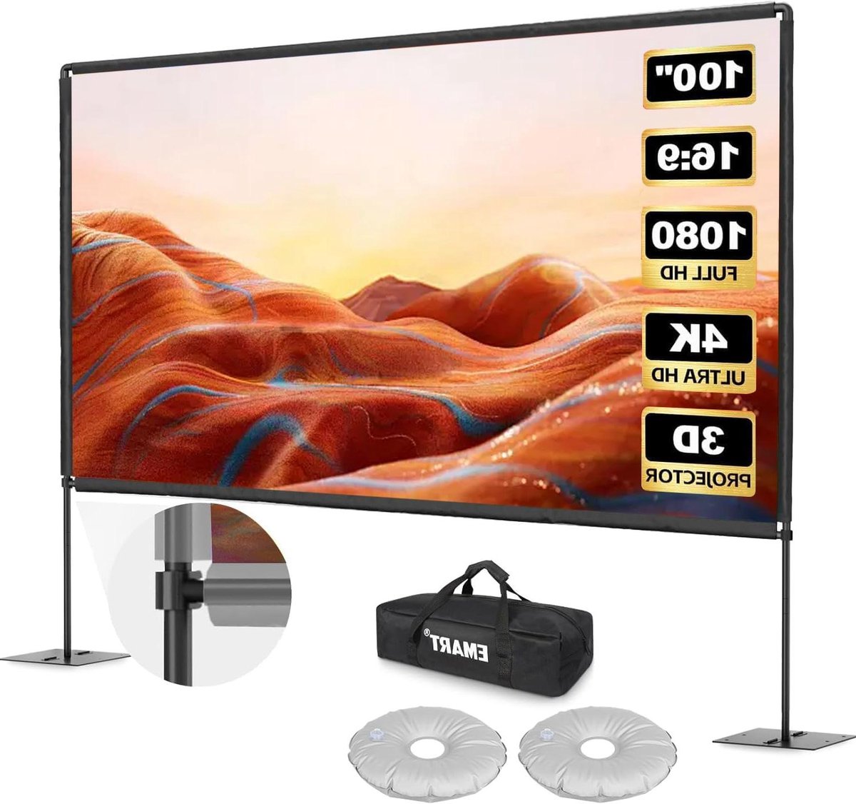 Projectiescherm met standaard - Draagbaar scherm - Thuisbioscoop creëren - Snelle stabiele installatie - 100 inch 16:9 - Wit
