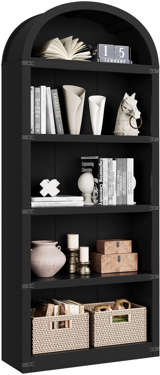 Boogvormige Boekenkast - 5 Lagen - 76x30x182cm - Open Planken - Displaykast - Vintage Opbergkast - Voor Kantoor Woonkamer - Zwart