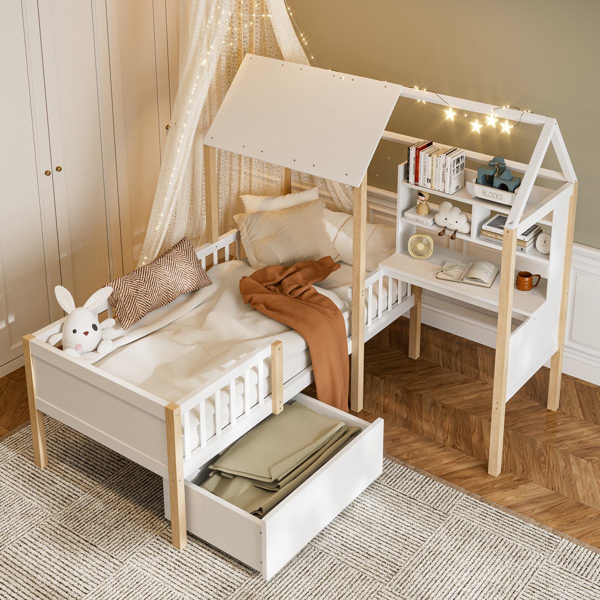 Huisbed met L-bureau, boekenplank en lades - multifunctioneel voor kinderkamer - 90x200 cm eenpersoons - wit - valbeveiliging en rollades - massief grenen en MDF frame