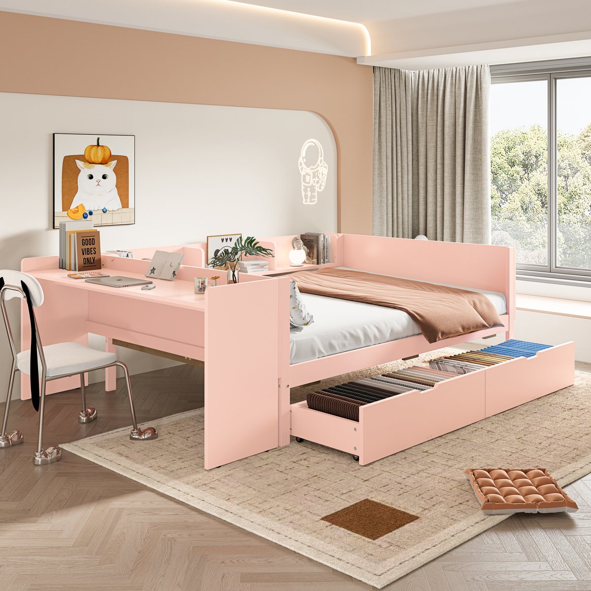 Houten multifunctioneel bed 140x200 cm - met bureau, 2 lades en opbergplanken - tweepersoons - roze - stevig grenen frame - kindvriendelijke hoge rekken - vloerbed ontwerp zonder boxspring