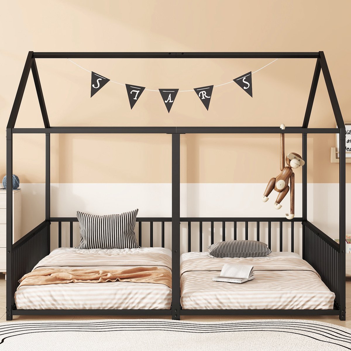 Metalen stapelbed in huisvorm - Geschikt voor 2 kinderen - 90x200 cm - Zwart - Robuust ijzeren frame - Stevige ladder en veiligheidshek - Eenvoudig en stijlvol ontwerp