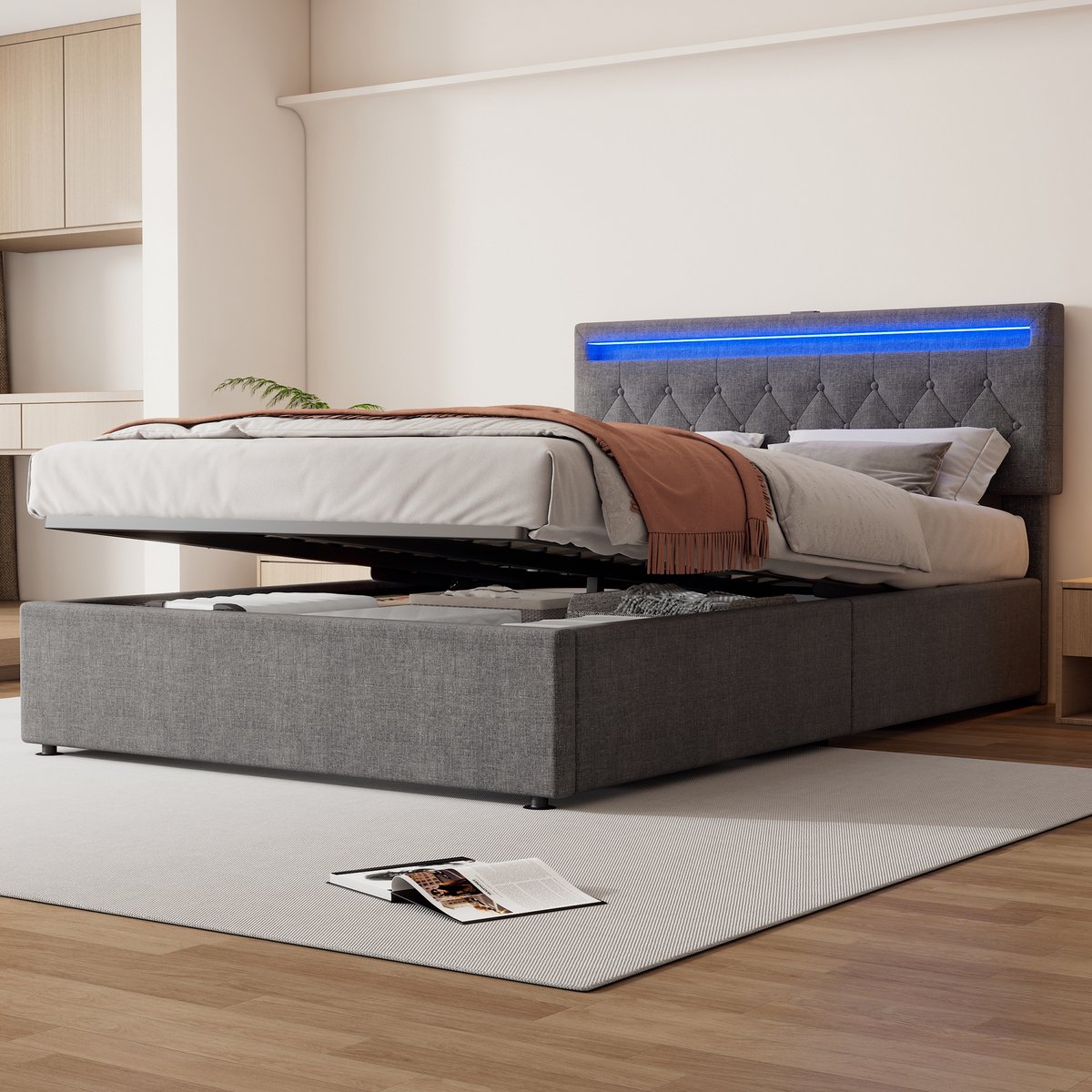 Gestoffeerd bed 140x200 cm - Hydraulische opbergruimte en sfeerverlichting - Grijs - Met USB-C en app-gestuurde LED - Groot onderbed en stabiele 28-delige lattenbodem