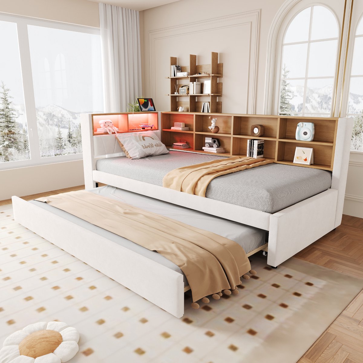 Multifunctionele gestoffeerde slaapbank met uitschuifbed - 90x200 en 90x190 cm - Beige flanell - LED-sfeerverlichting - USB/Type-C en stopcontact - Inclusief lattenbodem - Veel opbergruimte
