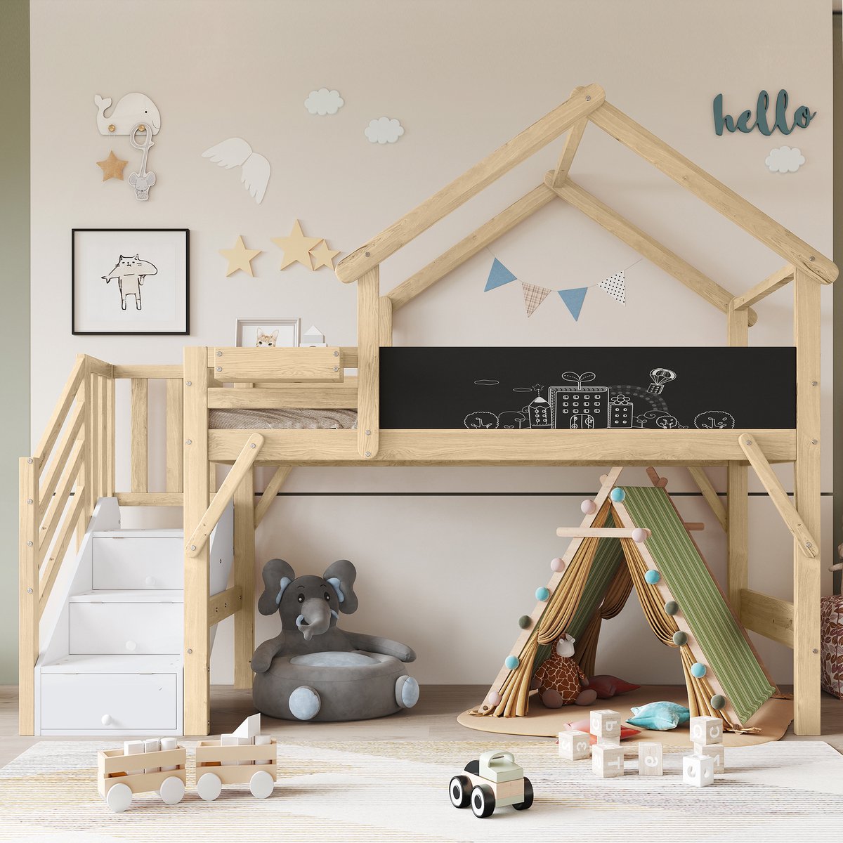 Stapelbed met dakontwerp, schoolbord en opbergtrap - 2x 90x200 cm - Wit+Natuur - 3 opbergvakken in de trap - Veiligheidshekken rondom - EN747 gecertificeerd