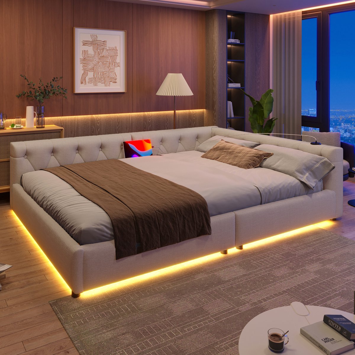 Dagbed 140x200 cm - slaapbank met getuft hoofdeinde en LED-sfeerverlichting - tweepersoons - beige linnen - USB/Type-C en afstandsbediening - lattenbodem inbegrepen