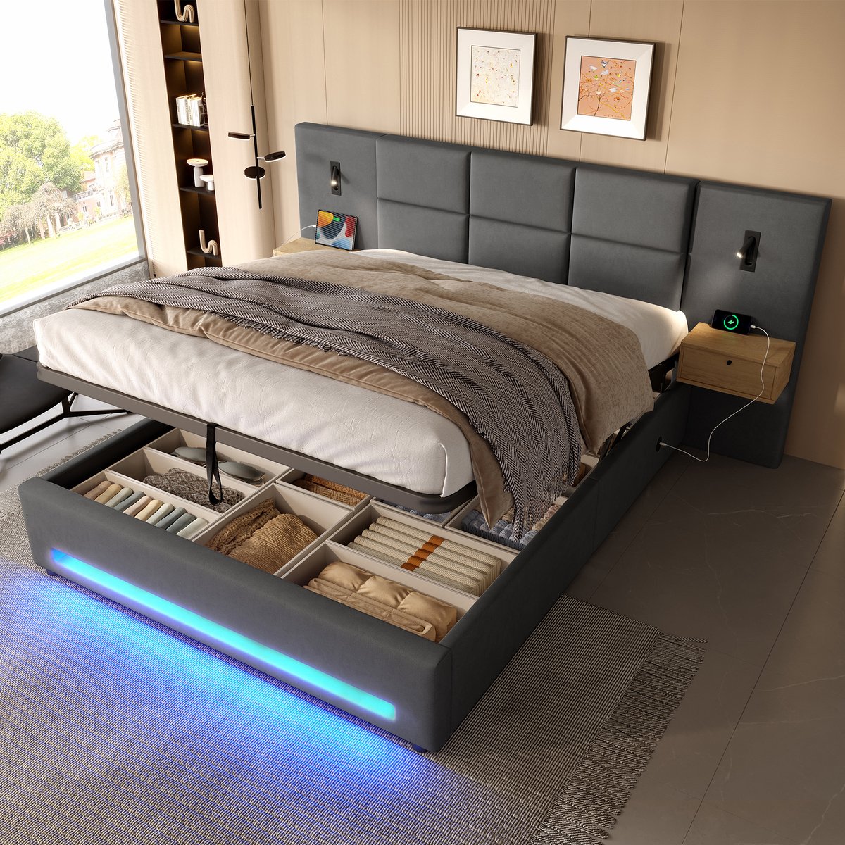 Hydraulisch opbergbed met LED en lades - 180x200 cm tweepersoons - Grijs fluweel - USB-C aansluiting - Stabiel tot 200 kg