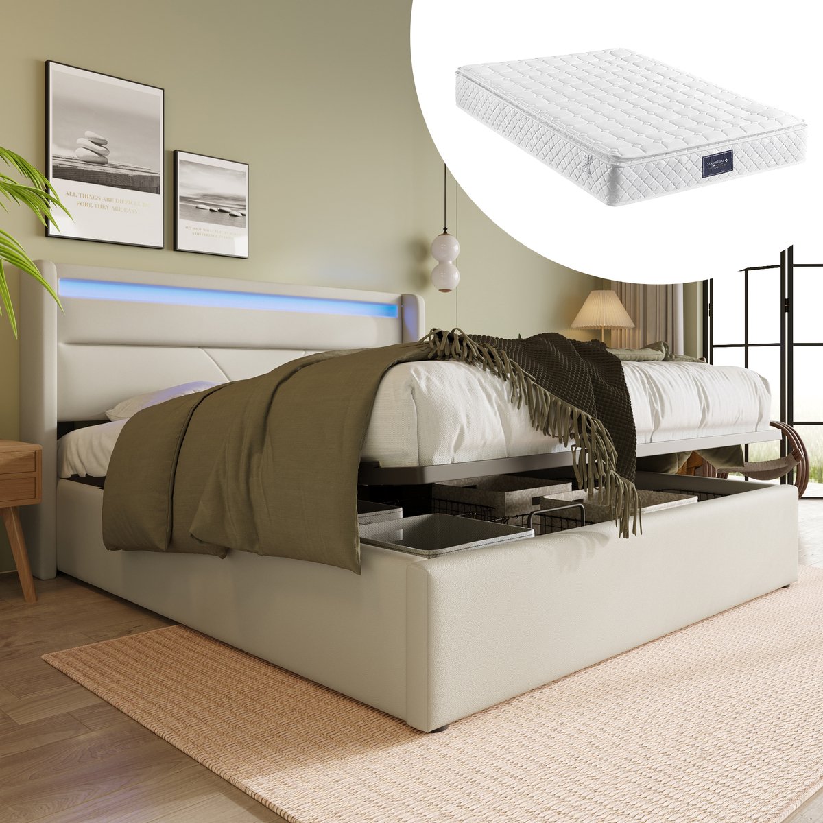 Hydraulisch opbergbed met LED en matras - 140x200 cm tweepersoons - Wit - Inclusief 7-zones pocketveringmatras H3 - LED-sfeerverlichting met afstandsbediening - Stofvrije opbergruimte