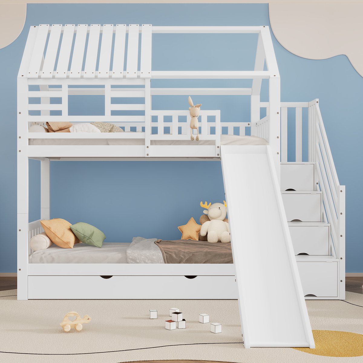 Houten stapelbed in huisvorm met glijbaan en opbergtrap - 90x200 cm voor 2 personen - Wit - Valbeveiliging en opberglade - Speelse raam- en dakdetails