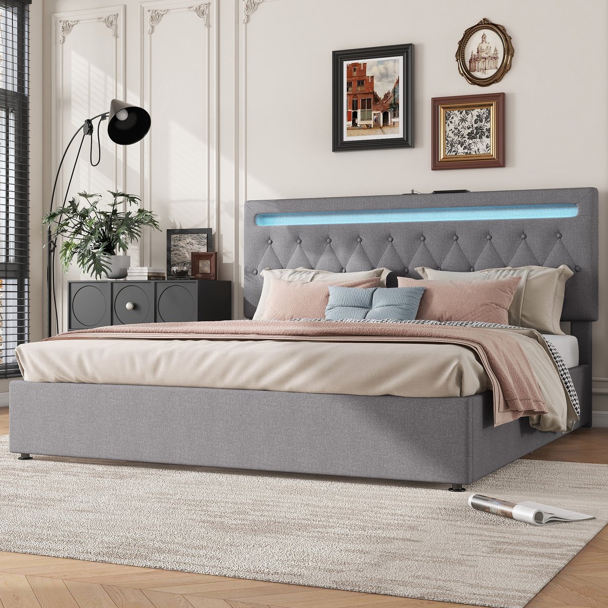 Gestoffeerd opbergbed 180x200 cm - Hydraulische lift en app-gestuurde LED - 2 personen - Grijs linnen - USB-C en USB-A oplaadpoorten - Inclusief lattenbodem