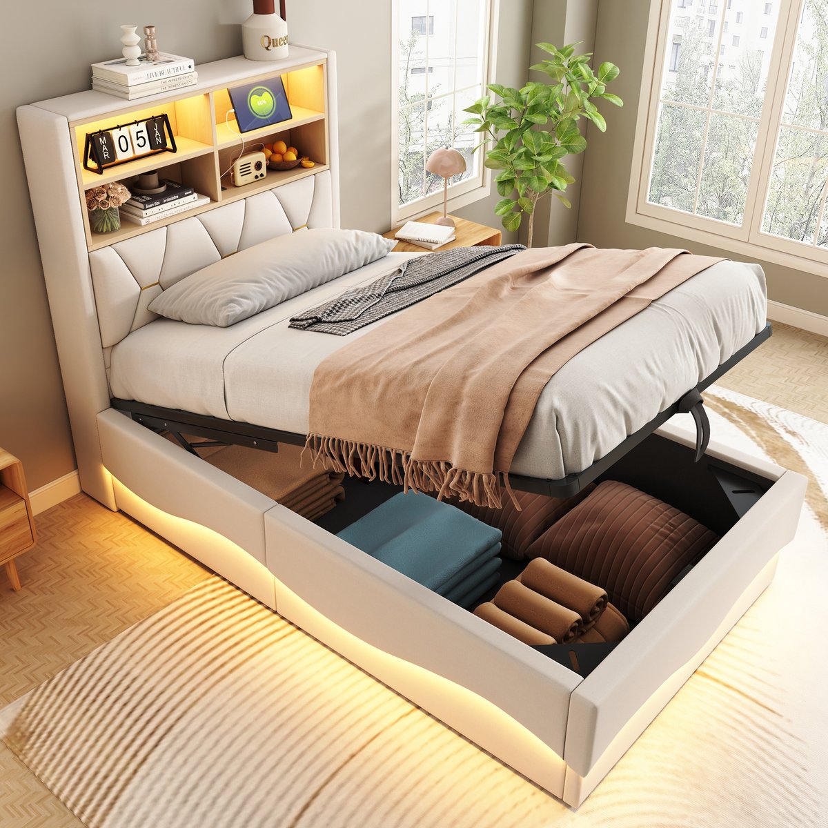 Gestoffeerd kinderbed met hydraulische opberging en app-gestuurde LED - slim en comfortabel - 90x200 cm eenpersoons - beige - met USB-laadpoort en metalen lattenbodem - zachte linnen bekleding