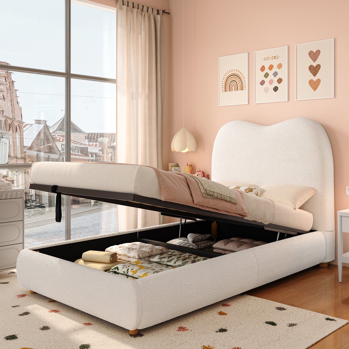 Gestoffeerd kinderbed - met hydraulische opbergruimte en dik hoofdbord - 90x200 cm eenpersoons - beige bouclé - verzonken matras voor stabiliteit - lattenbodem inbegrepen