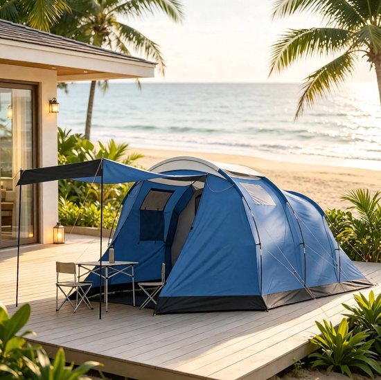 OKWISH Tunneltent 4 Persoons - Waterdicht 3000 mm & Dubbelwandig - Met Stahoogte 190 cm - Voor Gezinskamperen - Polyester - Blauw van OKWISH — afbeelding 2