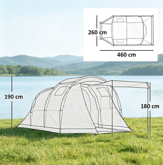 OKWISH Tunneltent 4 Persoons - Waterdicht 3000 mm & Dubbelwandig - Met Stahoogte 190 cm - Voor Gezinskamperen - Polyester - Blauw van OKWISH — afbeelding 4