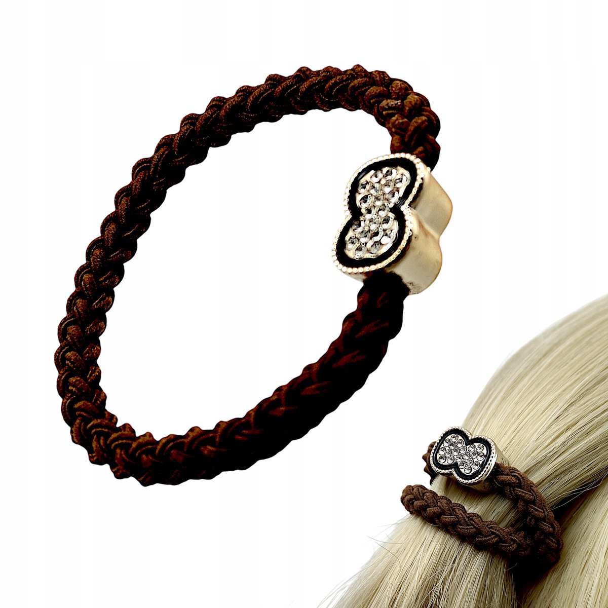Gevlochten Haarbandjes Bruin met Zirkonia Strik - Set van 2