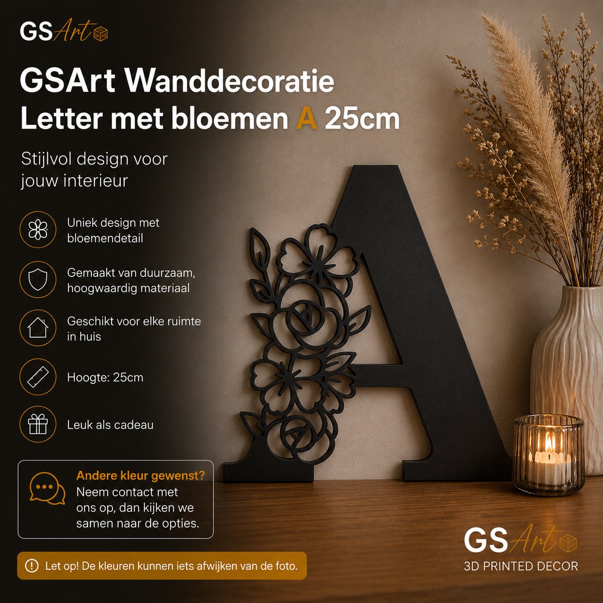 GSArt Wanddecoratie Letter met Bloemen – 25 cm - A