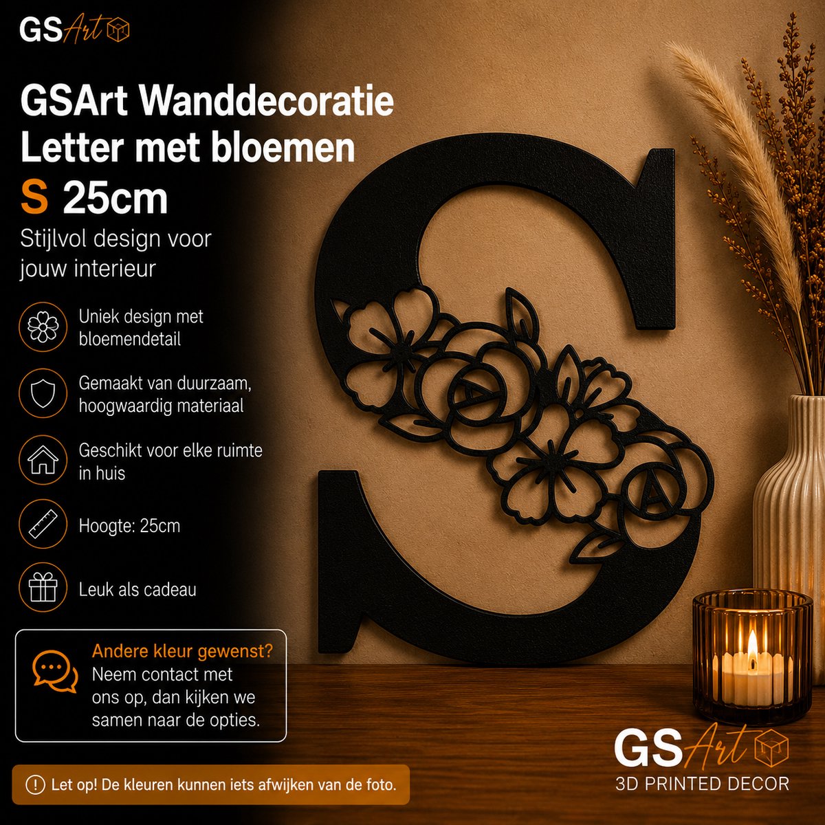 GSArt Wanddecoratie Letter met Bloemen – 25 cm - S