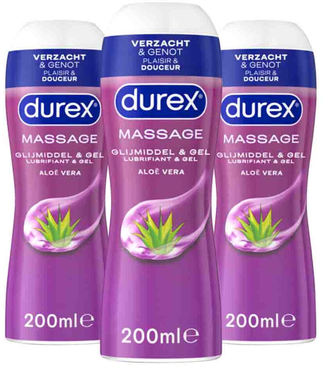 Durex - 2-In-1 Massageolie en Glijmiddel Aloë Vera - 3 x 200 ml - Voordeelverpakking