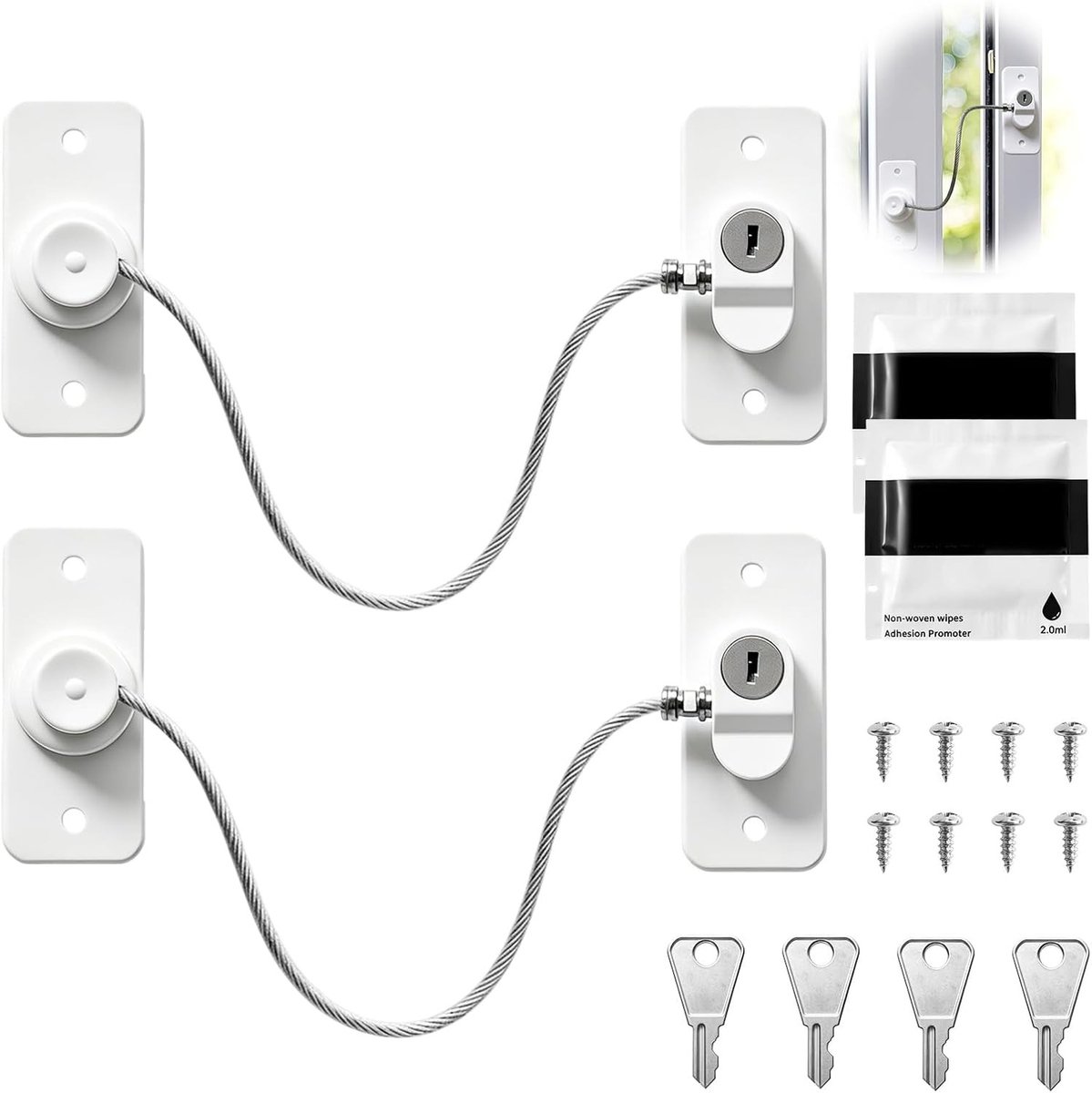 Set van 2 Kindveilige Beveiligingssystemen voor Meubels en Ramen, Multifunctionele Sloten voor Lades, Kasten en Apparaten, Zelfklevende Bevestiging of Schroeven, Anti-Openingssysteem