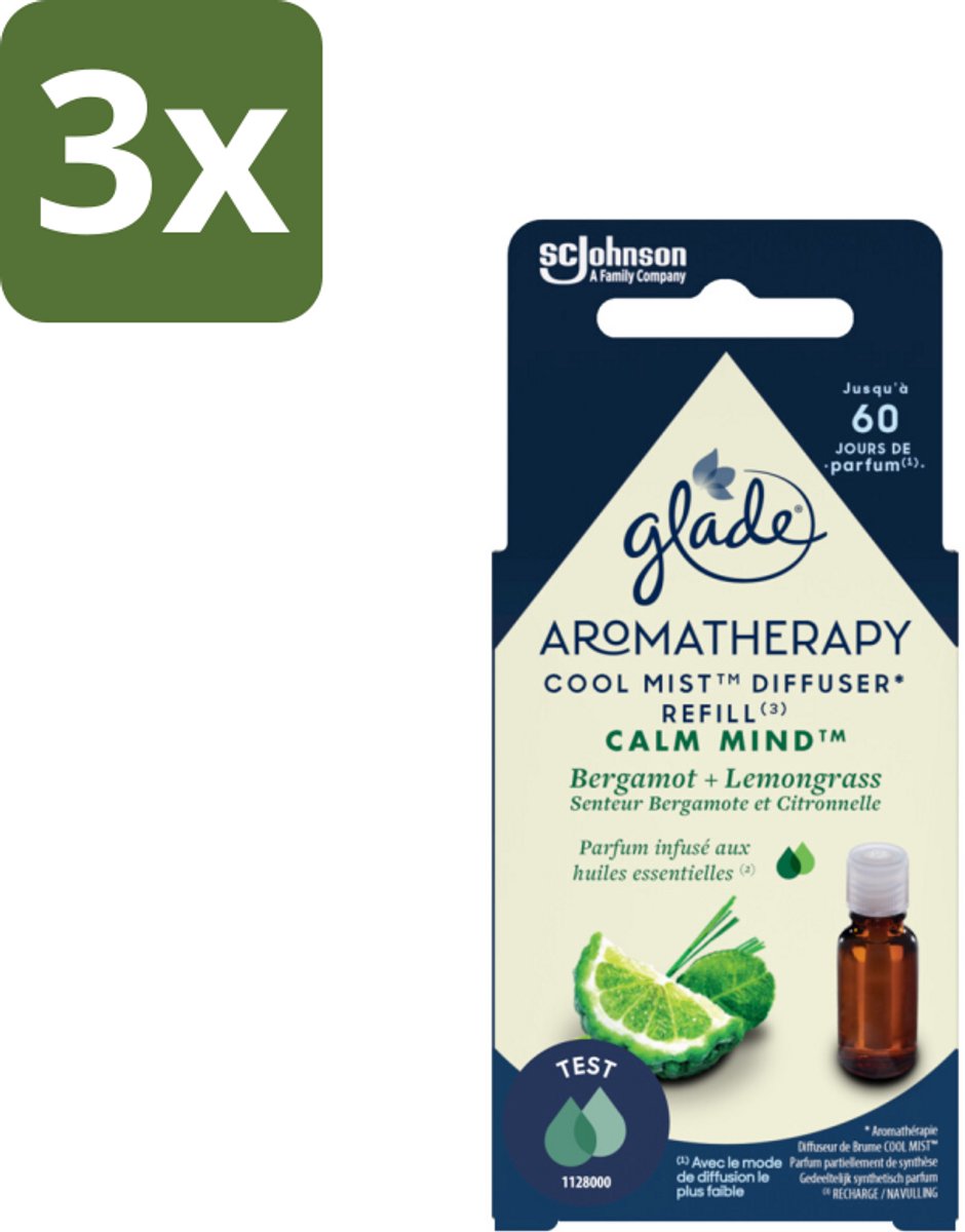 3 x Glade – Aromatherapy Mist Diffuser Navulling – Calm Mind – 17,4 ml - Aromatherapie - Ontspanning - Bergamot - Citroengras - Luchtverfrisser