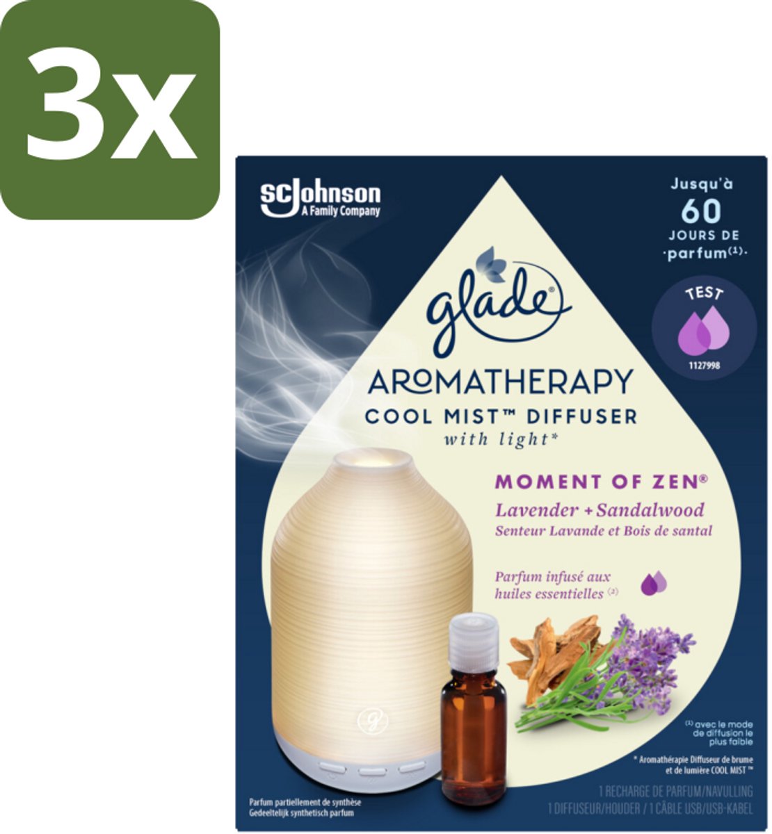 3 x Glade – Aromatherapy Mist Diffuser – Starterpakket – Houder + Moment of Zen Navulling - 17,4 ml - Aromatherapie - Cool Mist Diffuser - Lavendel - Sandelhout - Rustgevende Geur