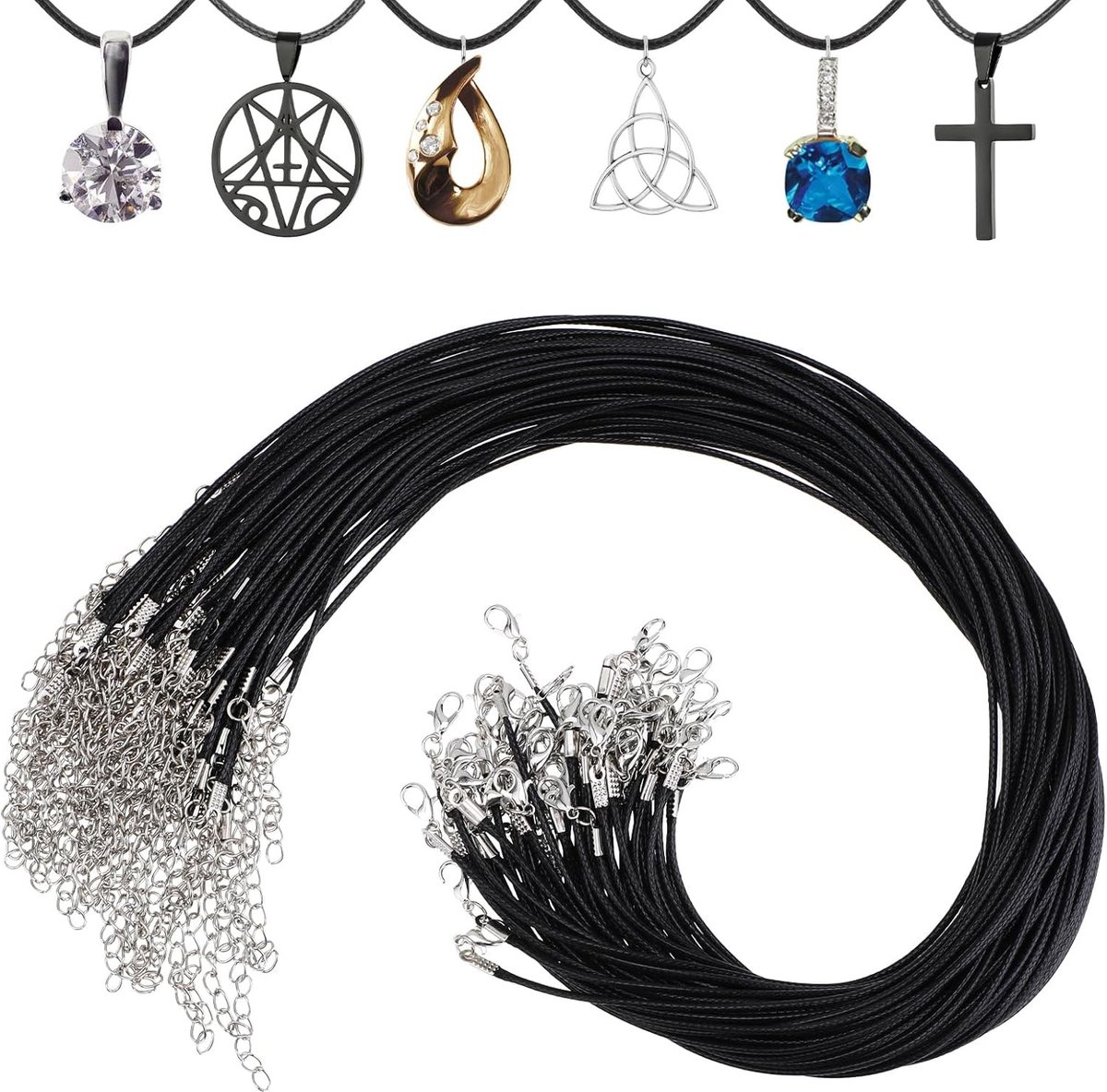 Zwarte Ketenkoord met Gesp - 50 Stuks Waxed Leren Ketting voor Hangers en Sieraden Maken, 45 cm Lang
