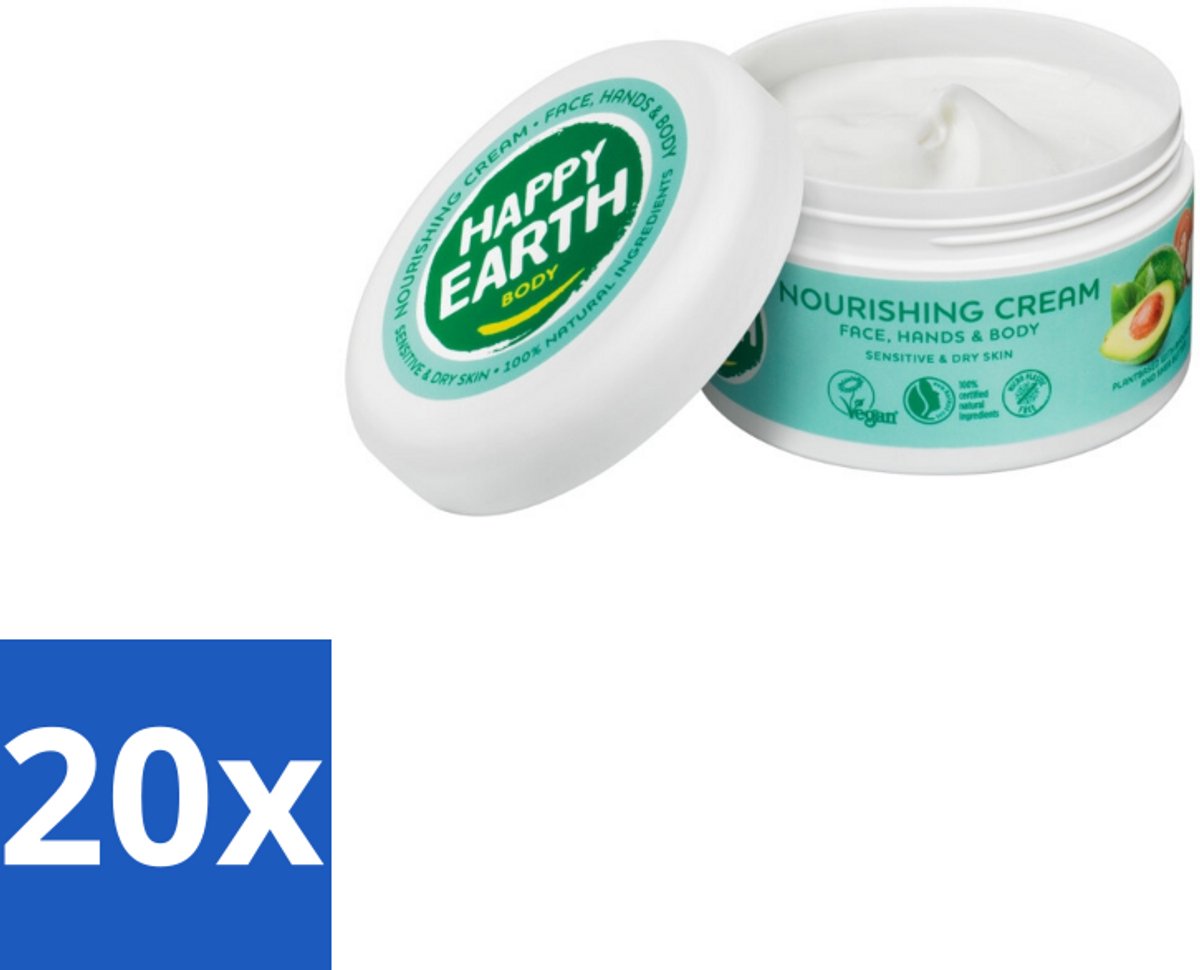 20 x Happy Earth – Voedende Crème – 100% Natuurlijk – 200 ml - Voordeelverpakking - 20 stuks