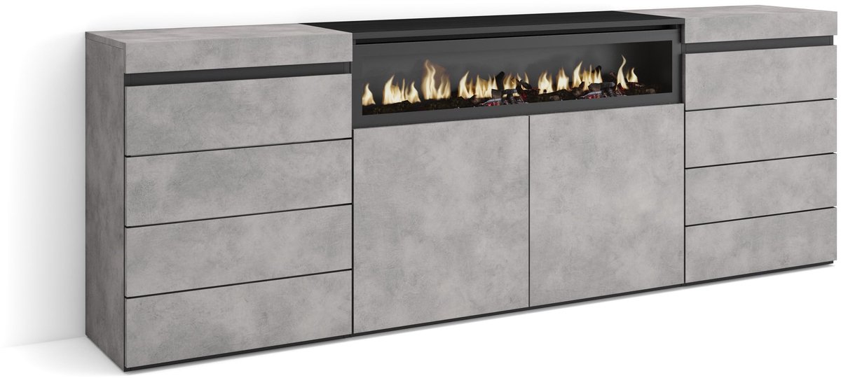 Skraut Home - Ladekast, Commode - Dressoir, 4 lades - 214x75x35 cm - Voor slaapkamer, kamer - Elektrische haard - ShopVlot