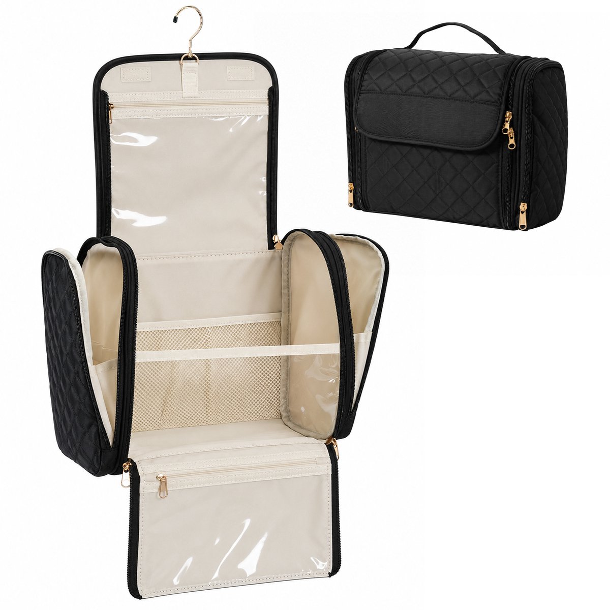 YONO Toilettas Dames Ophangbaar - Grote Make-up Tas met Haak - Cosmetica Organizer - Reis Toilettas - Meerdere Vakken - Zwart