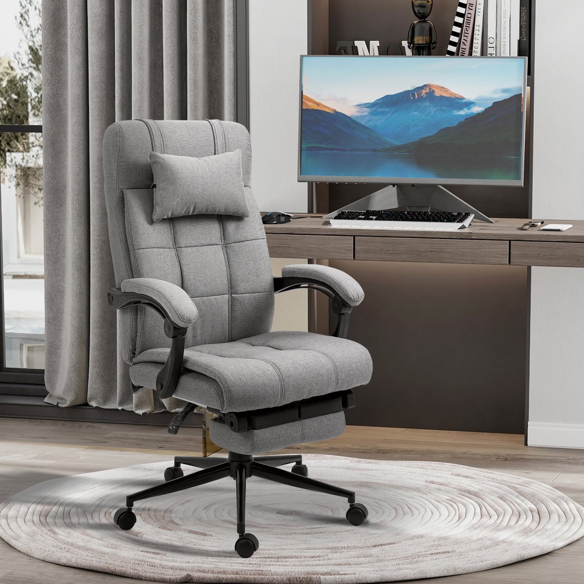 REDOM - Bureaustoel - Ergonomisch - Verstelbare armleuningen en hoofdsteun - 360° draaibaar en kantelbaar - Thuiskantoor - Linnen - Lichtgrijs - 66 x 76 x 112-120 cm