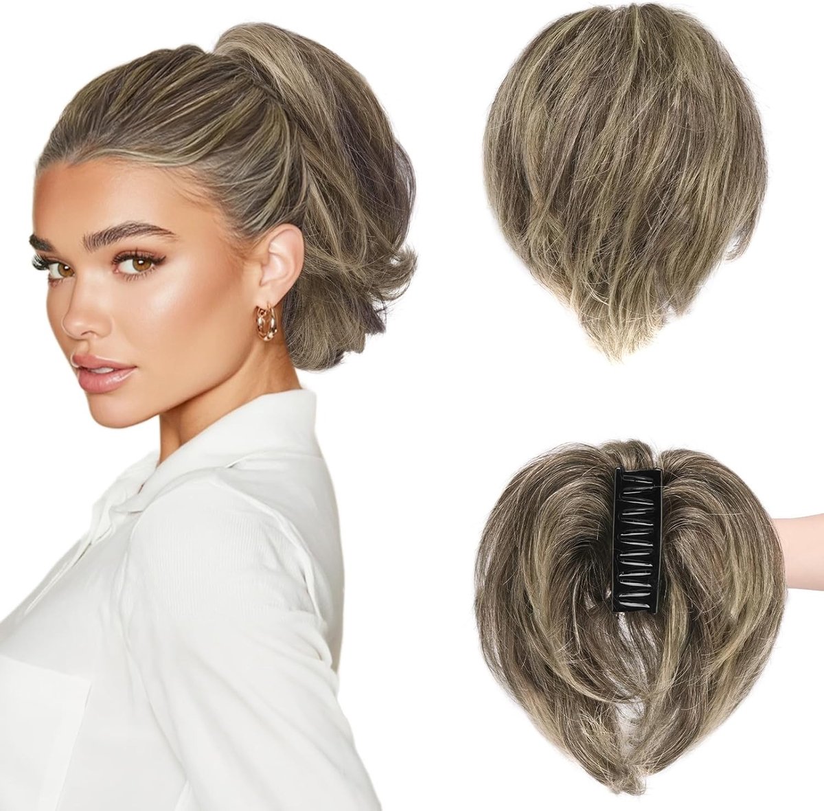 Korte Ponytail Extension van Echt Haar met Buigbare Metaal, 20 cm Claw Clip voor Dikke Natuurlijke Messy Bun voor Vrouwen in Bruin en Blond Mix