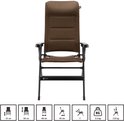 Bruine campingstoel in 7 standen verstelbaar, met afmetingen: 45x80x49 cm, 45 cm breed, 7 standen, 5.3 kg, 120 kg draagvermogen.