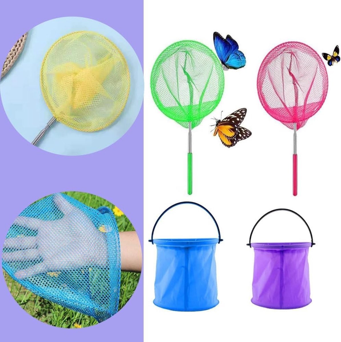 Verlengbaar vlindernet met 2 opvouwbare emmers en 4 landing netten, telescopisch ontwerp voor insecten en vissen, ideaal voor buitenactiviteiten en natuuronderzoek