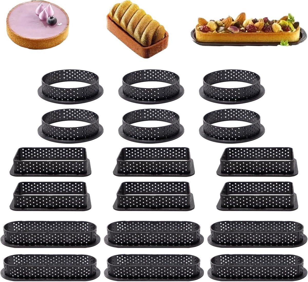 18-delige Set Dessert Ringen en Taartvormen, Perforated Moulds voor Taart en Gebak, Non-stick Bakgerei voor DIY Bakken