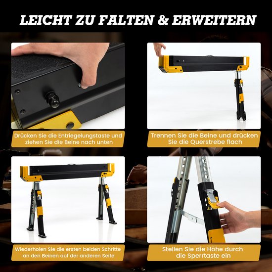 COSTWAY Werkbok, 2 x in hoogte verstelbaar, tot 1180 kg belastbaar, inklapbare zaagbok, antislip pvc-bovenkant, draagbare onderstelbok met handvat, opvouwbare steiger, klapbok, geel + zwart van Costway — afbeelding 2